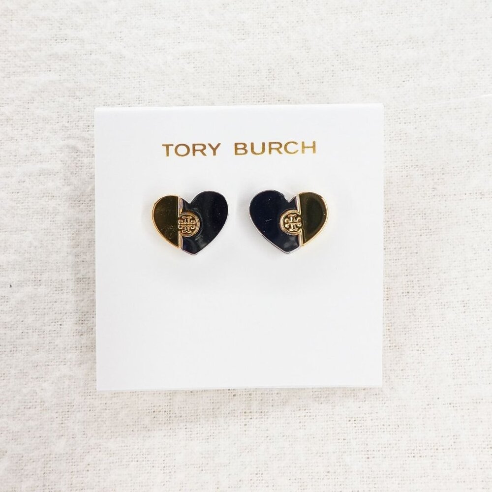 Tory Burch  Heart Puzzle Logo Stud Earrings Silver Gold